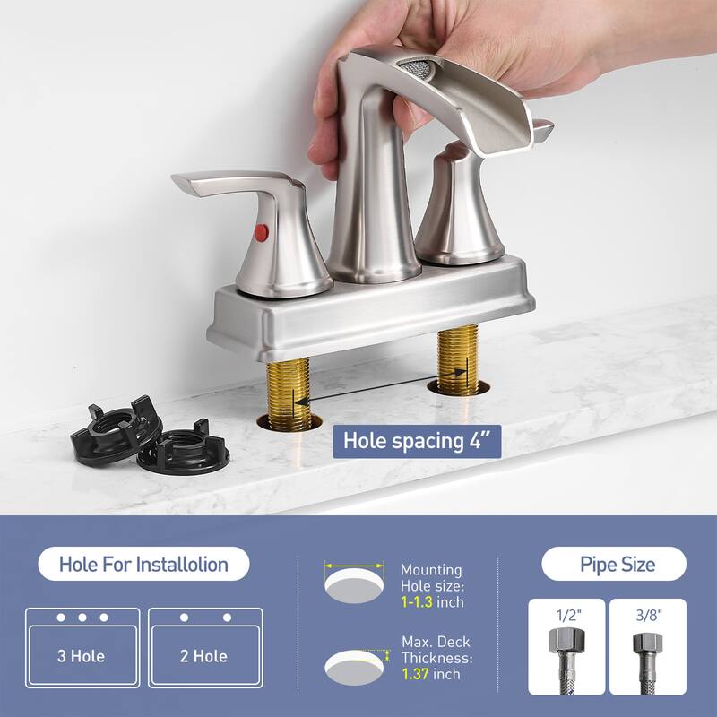 4 in. Centerset Double Handle Waterfall Bathroom Faucet with Pop-up Drain Kit Sink Vanity Basin Taps