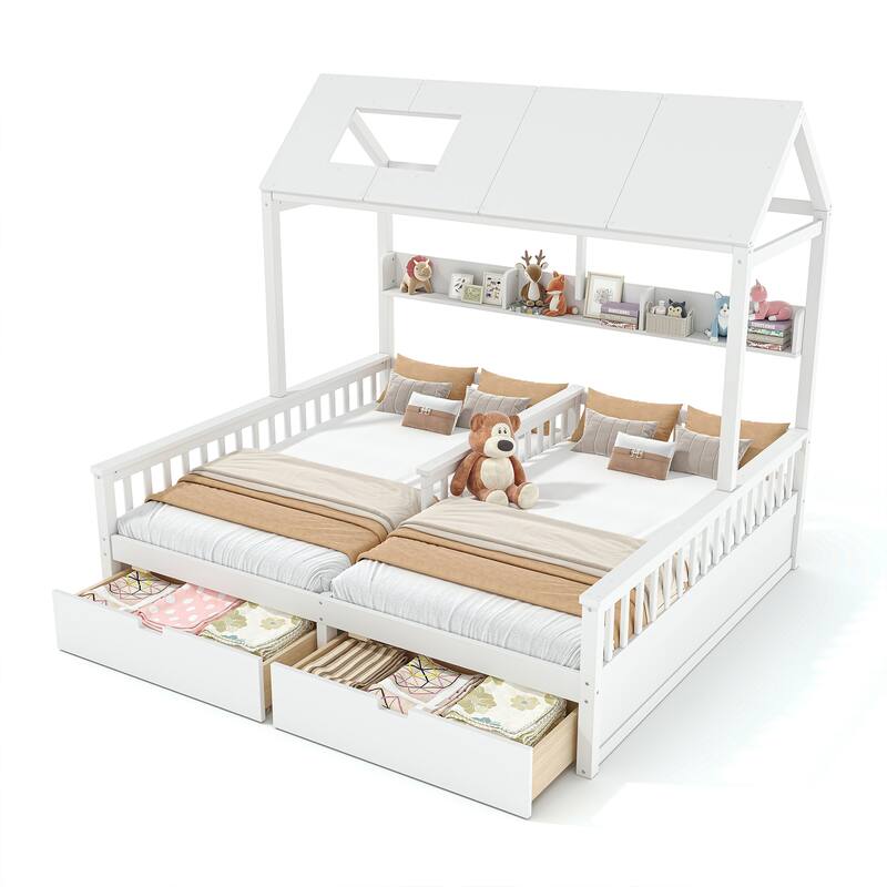 Double Twin Platform Bed with Storage Shelves and Drawers, House Platform Bed with Support Slats, Childlike