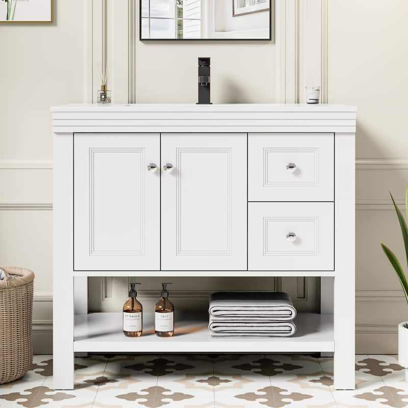36"/48" Open Shelf Bathroom Vanity with Drop in Sink Drawer - 36"White - 36 in