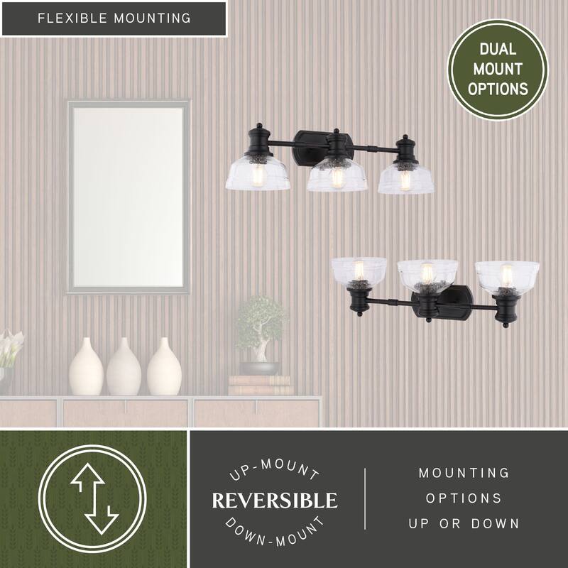 VAXCEL Beloit Matte Black Farmhouse Bathroom Vanity Lighting Wall Fixture, Clear Seeded Glass Shade, Dimmable