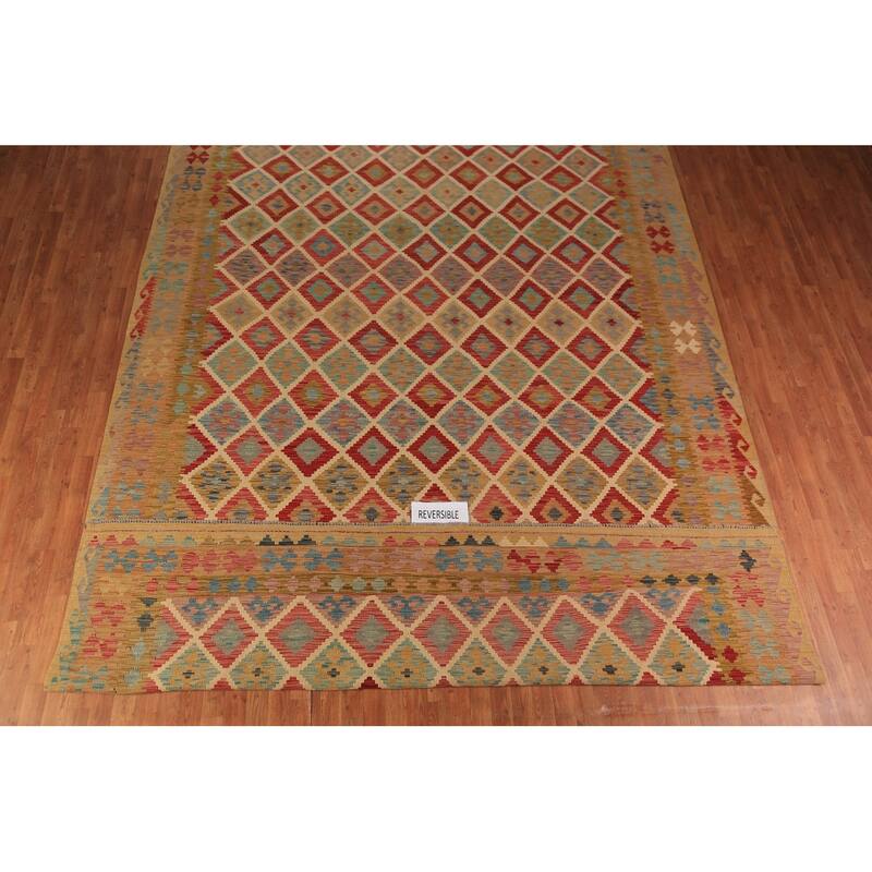 Geometric Reversible Kilim Oriental Large Rug Hand-Woven Wool Carpet - 10'3"x 16'2"