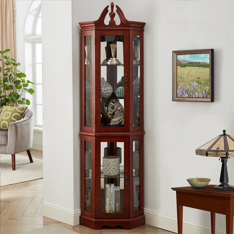 Display Cabinet Corner Curio Cabinet with Lights, Adjustable Shelves, Mirrored Back,E26 not included