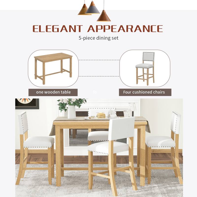 5 Piece Dining Table Set, Counter Height Kitchen Table Set with 4 Curved Backrests Upholstered Chairs with Brass Nailhead Trim