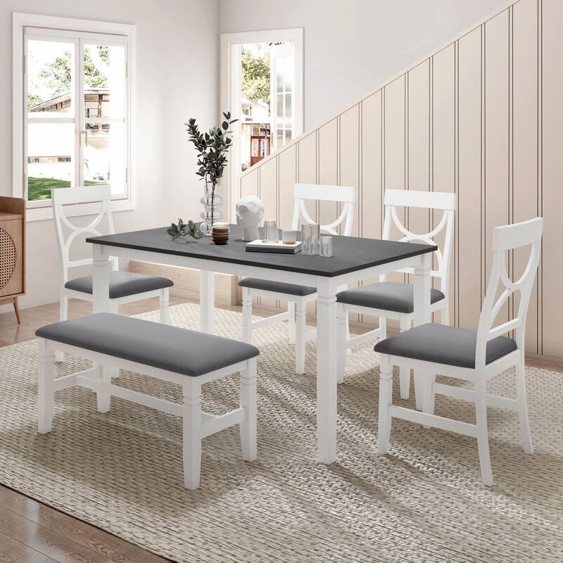 6-Piece Wood Dining Table Set, Kitchen Table Set with Upholstered Bench and 4 Dining Chairs - Gray+White