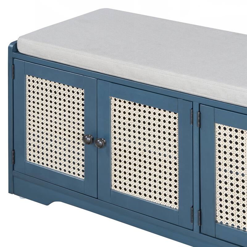 Rustic Storage Bench Multifunctional Wood Entryway Shoe Bench with Removable Cushion, Woven Rattan Doors & Adjustable Shelves