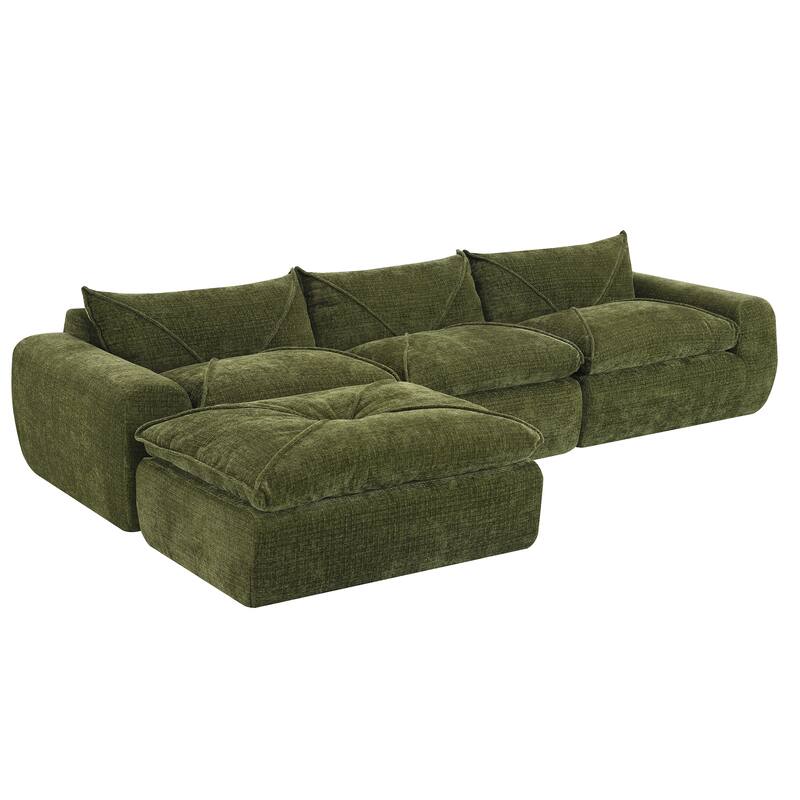 L-Shape Sectional Sofa with Ottoman, Chenille Sofa with Integrated Backrest & Seat Cushion, Fully Compressed Foam 4 Seat Sofa