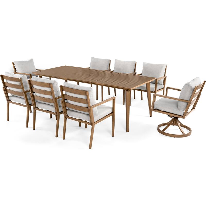 Riviera 9-Piece Brown Aluminum Patio Dining Set with Rectangular Table, 2 Swivel Dining Chairs and Light Gray Cushions