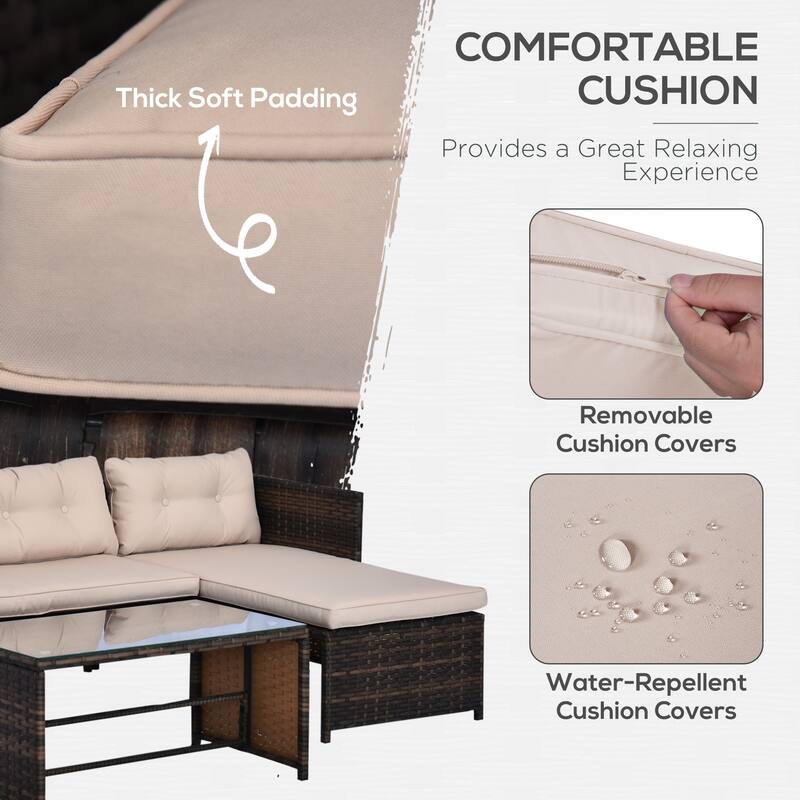 3 Piece Patio Furniture Set, Rattan Outdoor Sofa Set with Chaise Lounge & Loveseat, Soft Cushions, Tempered Glass Table,