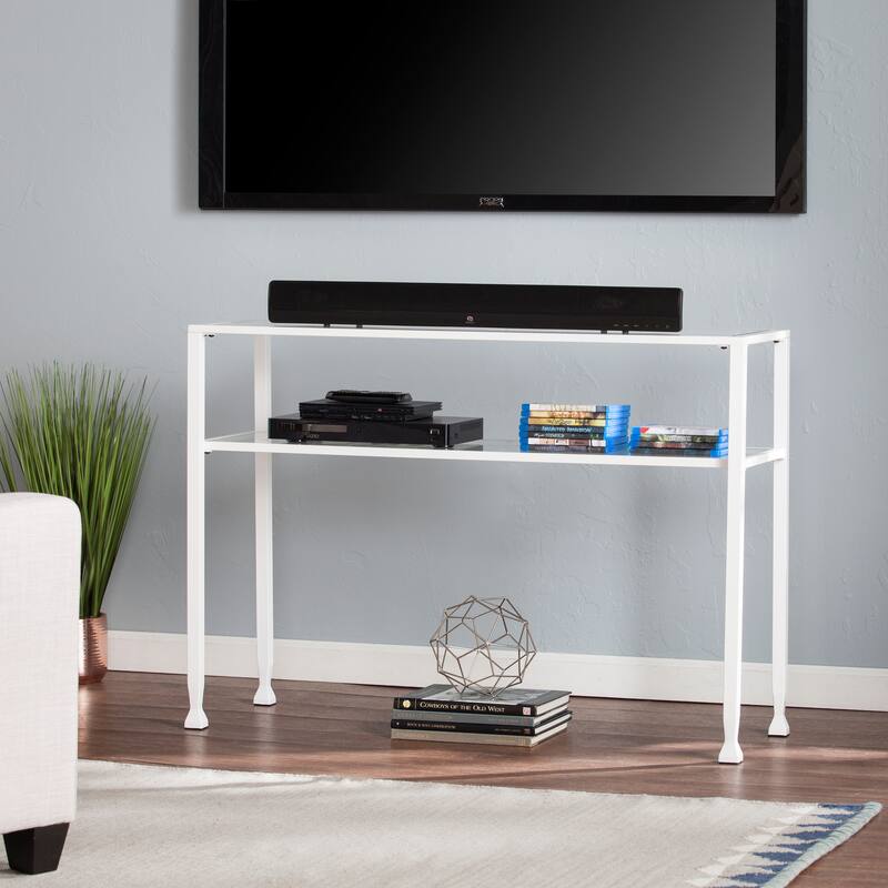 SEI Furniture Price Matte Gold Metal Console Table with Shelf and Tempered Glass