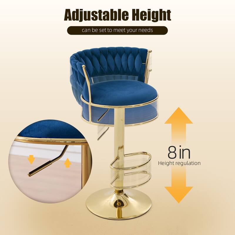 HOMEFUN Velvet Adjustable Height Swivel Armless Bar Stools With Golden Footrest(set of 2)