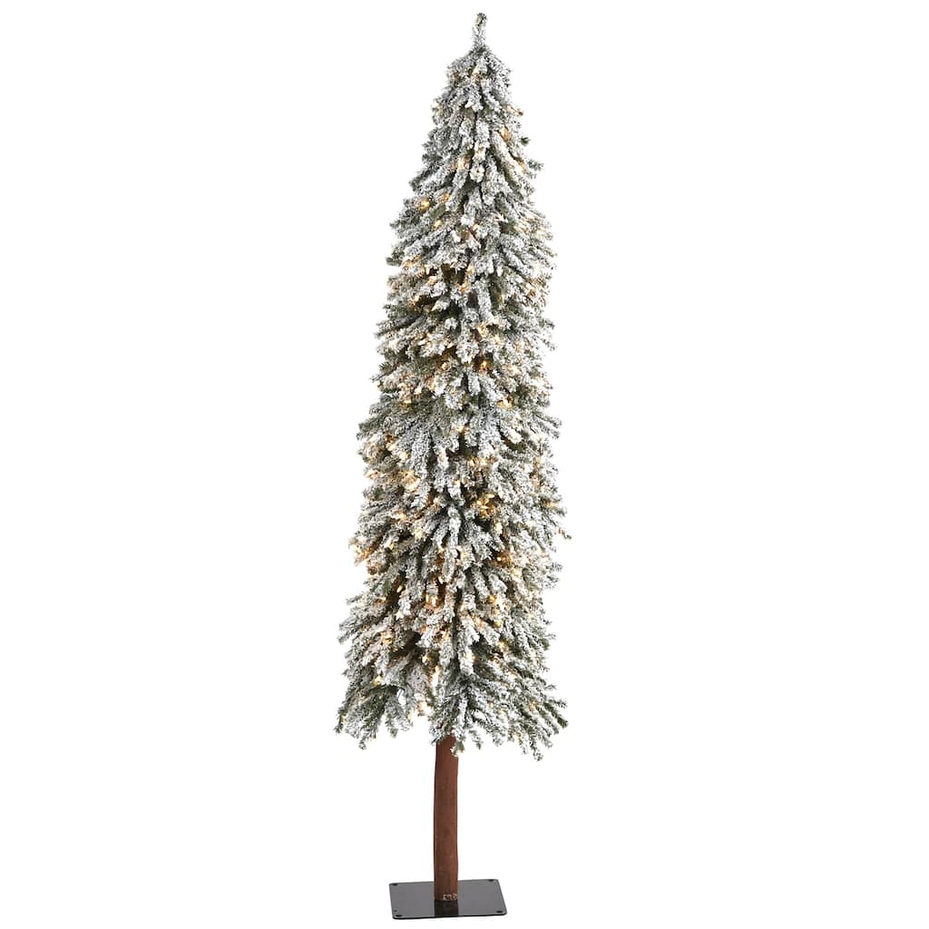 7' Pre-Lit Flocked Grand Alpine Artificial Christmas Tree, Clear LED Lights - 7 Foot