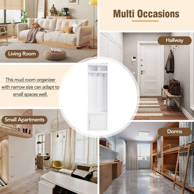 Trendy Minimalist Hall Tree, Cabinet and 6 Hanging Hooks, Versatile Storage Bench with Coat Rack, Stylish Foyer Cabinet