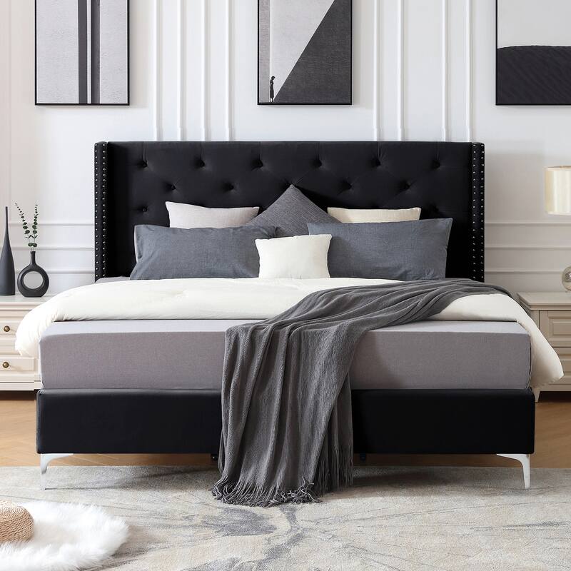 Morden Fort King Size Velvet Upholstered Platform Bed Frame with 6 inches Metal Legs
