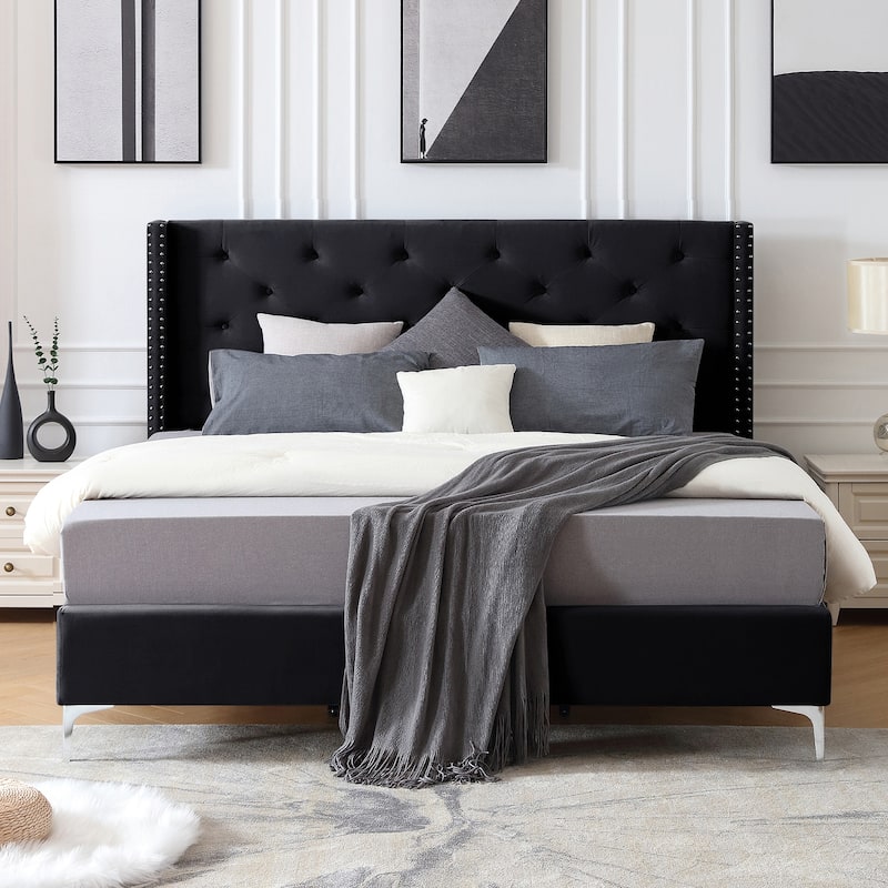 Morden Fort Queen Size Velvet Upholstered Platform Bed Frame with 6 inches Metal Legs
