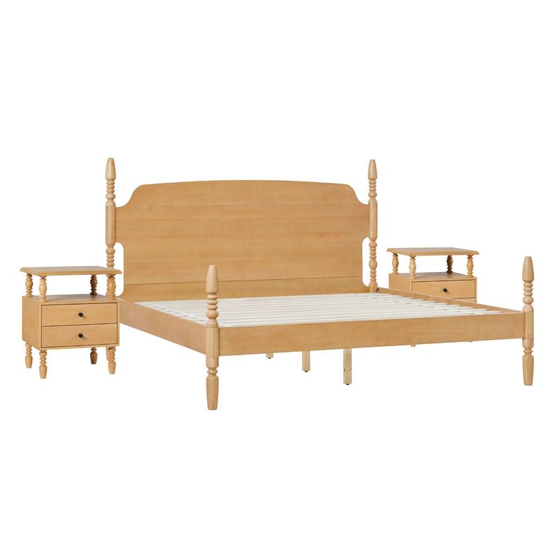 Walker Edison Spindle King Bed with 2-Drawer Nightstands Bedroom Set