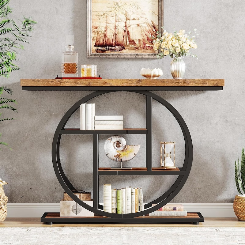 41.3" Console Table, Industrial 4-Tier Entryway Table with Circle Base - 41.3" W x 11.8" D x 31.5" H