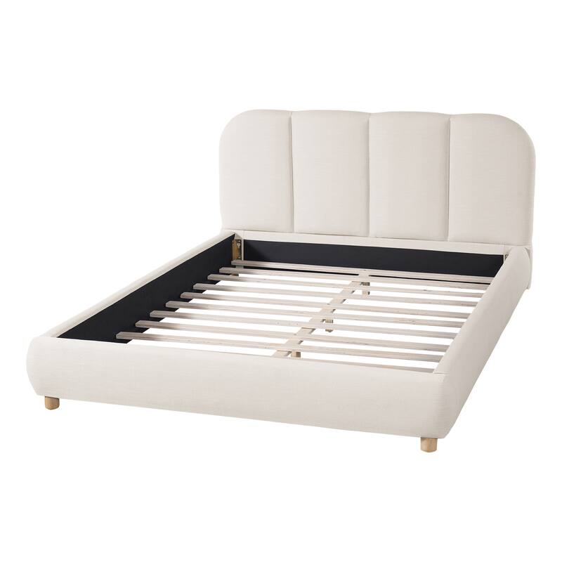 Christopher Knight Home - Modern Upholstered Linen Fabric Bed Frame with Wooden Leg - with Curved Headboard Design
