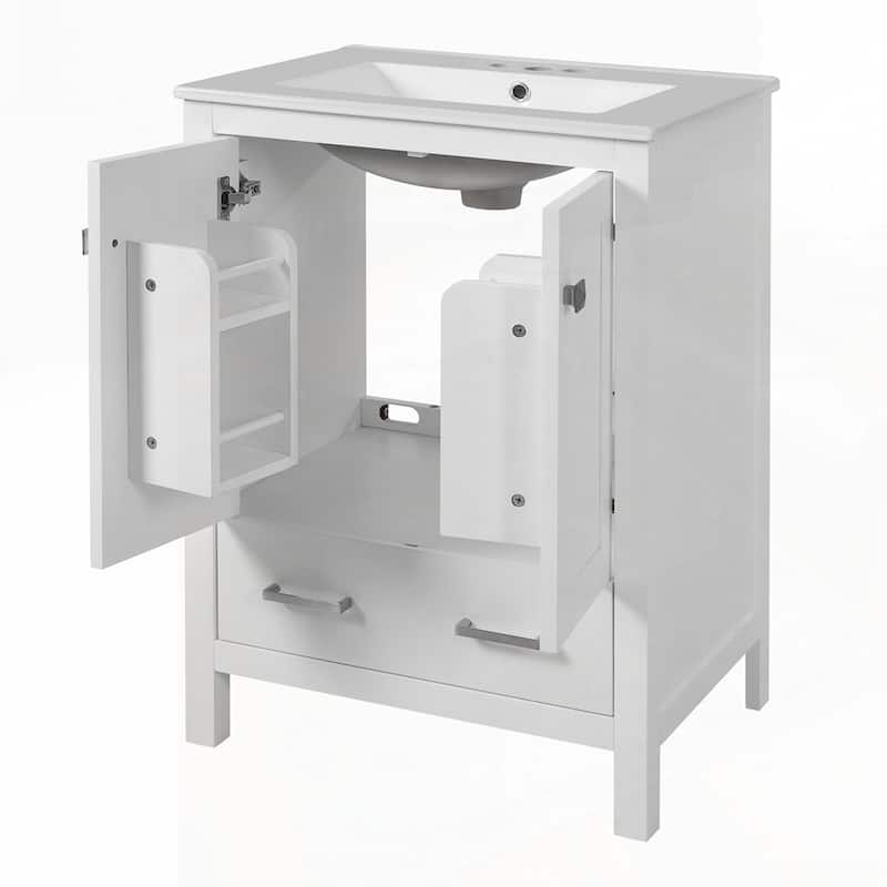 bathroom vanity with integrated undermount basin and a storage cabinet featuring 2 doors and 1 drawer