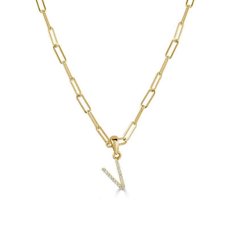 Joelle Collection Diamond Initial Letter Necklace Paperclip 14K Gold 16-inch Chain 1/10 TDW Necklace - V - Yellow