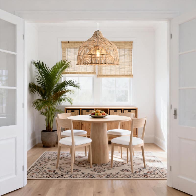 1-Light Boho Brown Rattan Hand-Woven Cloche Hanging Basket Pendant Light - 19.6" W x 62.9" H