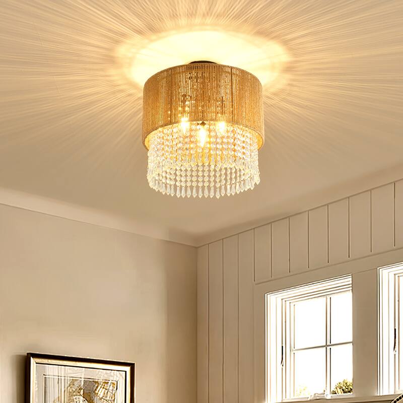 3 - Light Bohemian Rattan & Crystal Semi - Flush Mount Chandelier - Brown