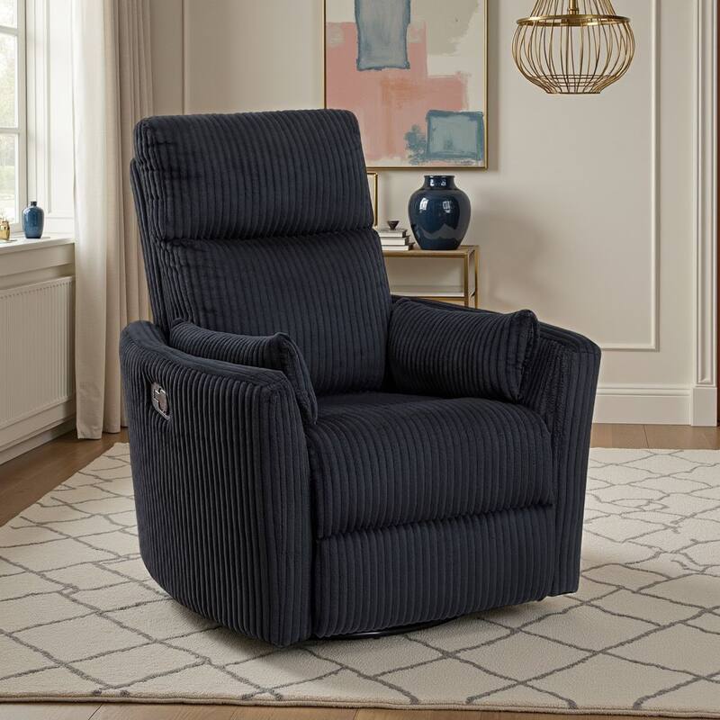 Rix Swivel Glider Recliner Chair w 2 Lumbar Pillows, Black Corduroy