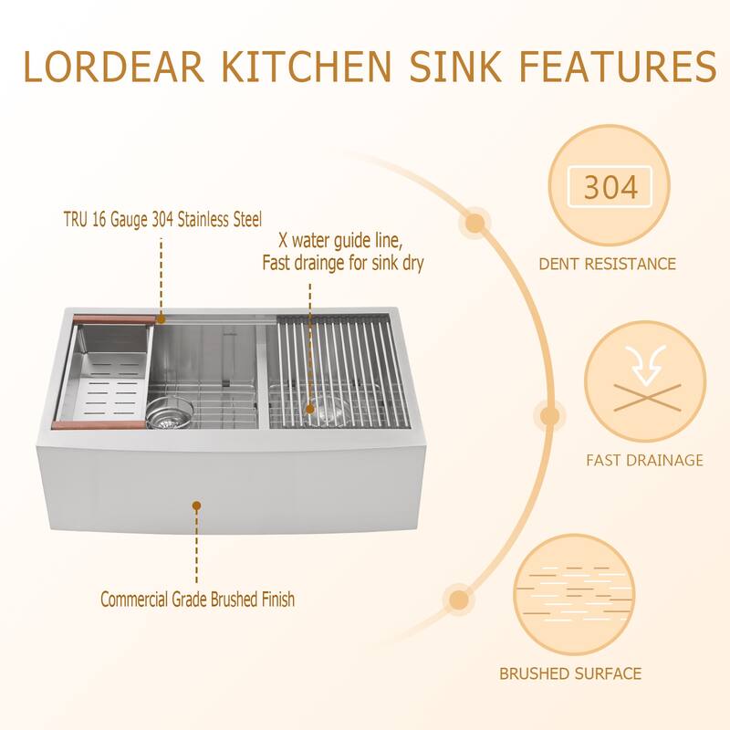 Lordear 33" Stainless Steel Sink Double Bowl Undermount Workstation Farmhouse Kitchen Sink with Accessories