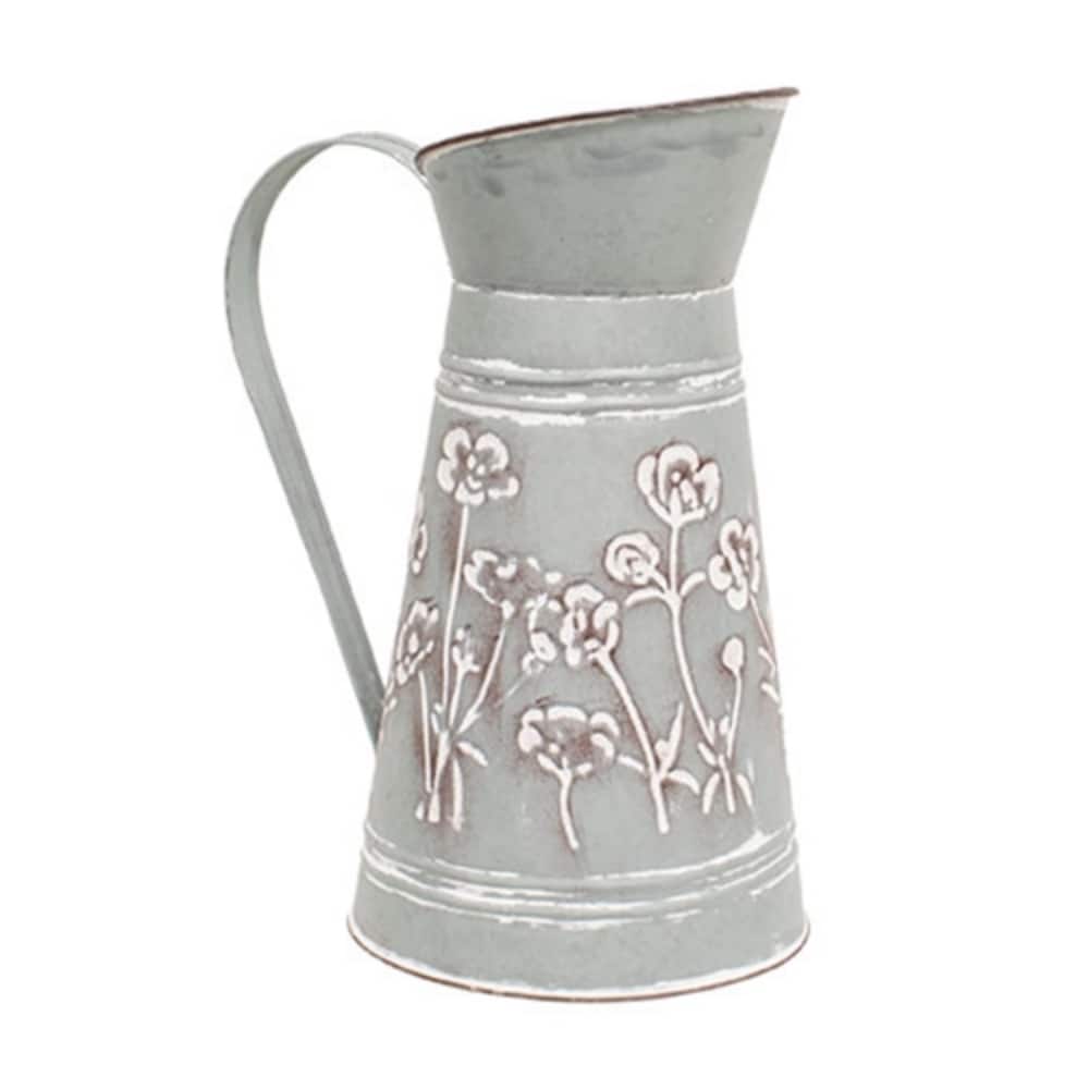 Washed Blue Metal Flower Embossed Water Pitcher with Handle - 9.5