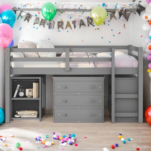 slide 2 of 15, Modern Full Size Loft Bed With Cabinet,Shelves And Rolling Portable Desk Grey
