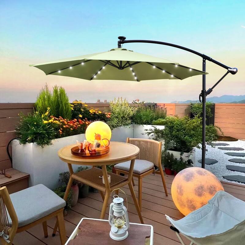 10 ft Solar Powered LED Outdoor Patio Umbrella with Crank and Cross Base for Garden, Deck, and Pool - Green