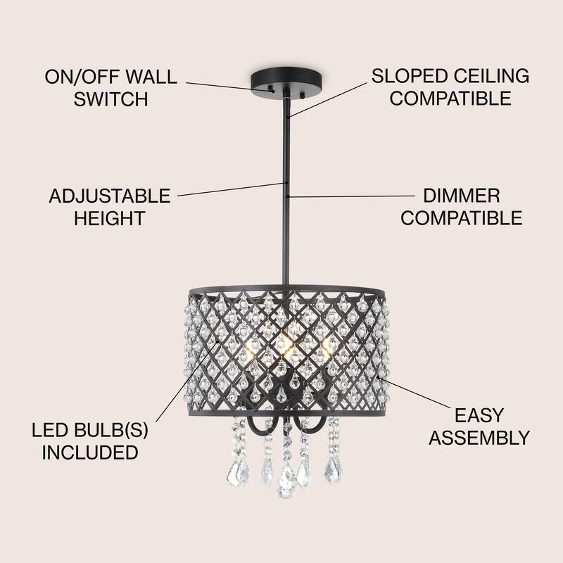 Avah Metal/Crystal Adjustable LED Drop Chandelier, Black/Clear by JONATHAN Y