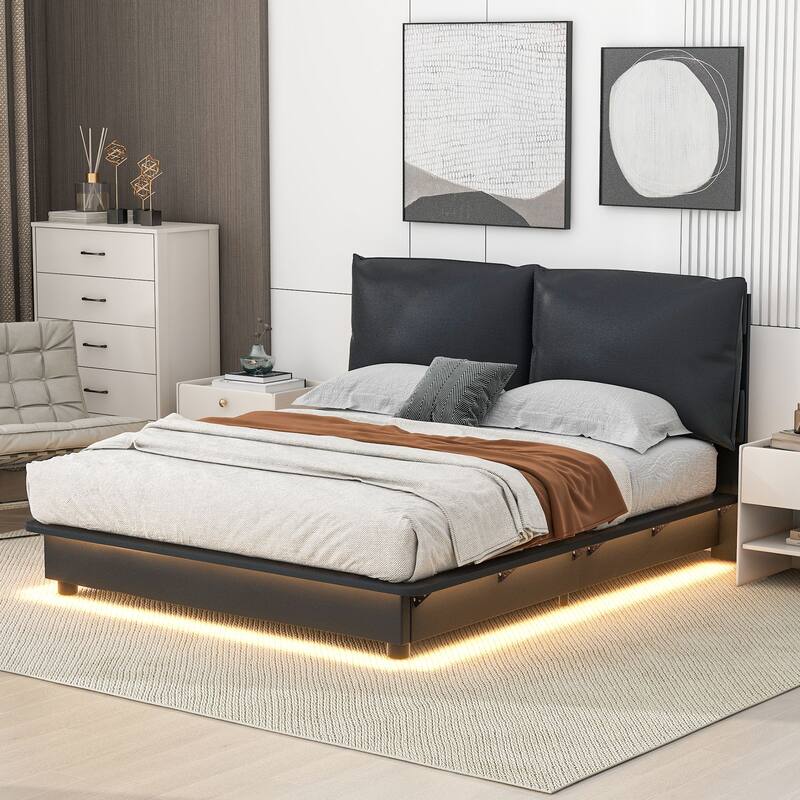 Queen Size Upholstered Platform Bed with Sensor Light and Ergonomic