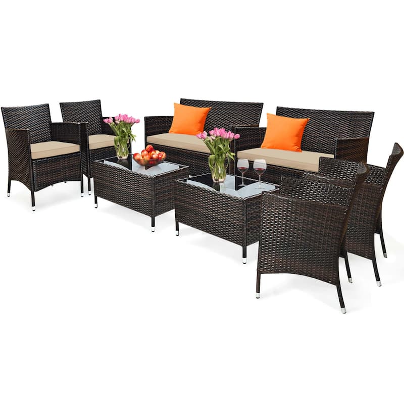8PCS Patio Rattan Conversation Set Outdoor Furniture Set w/ End Table - Brown