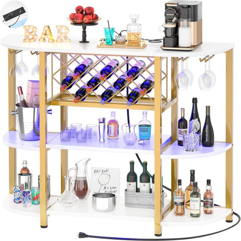 4-Tier Wine Bar Cabinet with Outlet and LED Light,Freestanding Bar Table with Glass Holder and Wine Storage - Gold