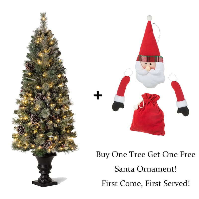 Glitzhome 4/5/6FT Pre-lit Artificial Flocked Pine Potted Christmas Tree for Entryway-Come with a Free Santa Ornament