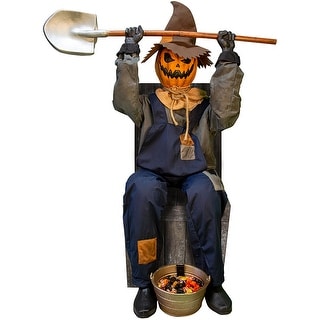 Haunted Hill Farm Smiling Jack the Shovel-Wielding Sitting Scarecrow by Tekky, Premium Talking Halloween Animatronic