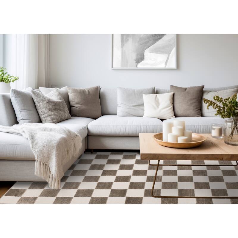 Leopold Collection - Checkered Brown White Geometric Area Rug