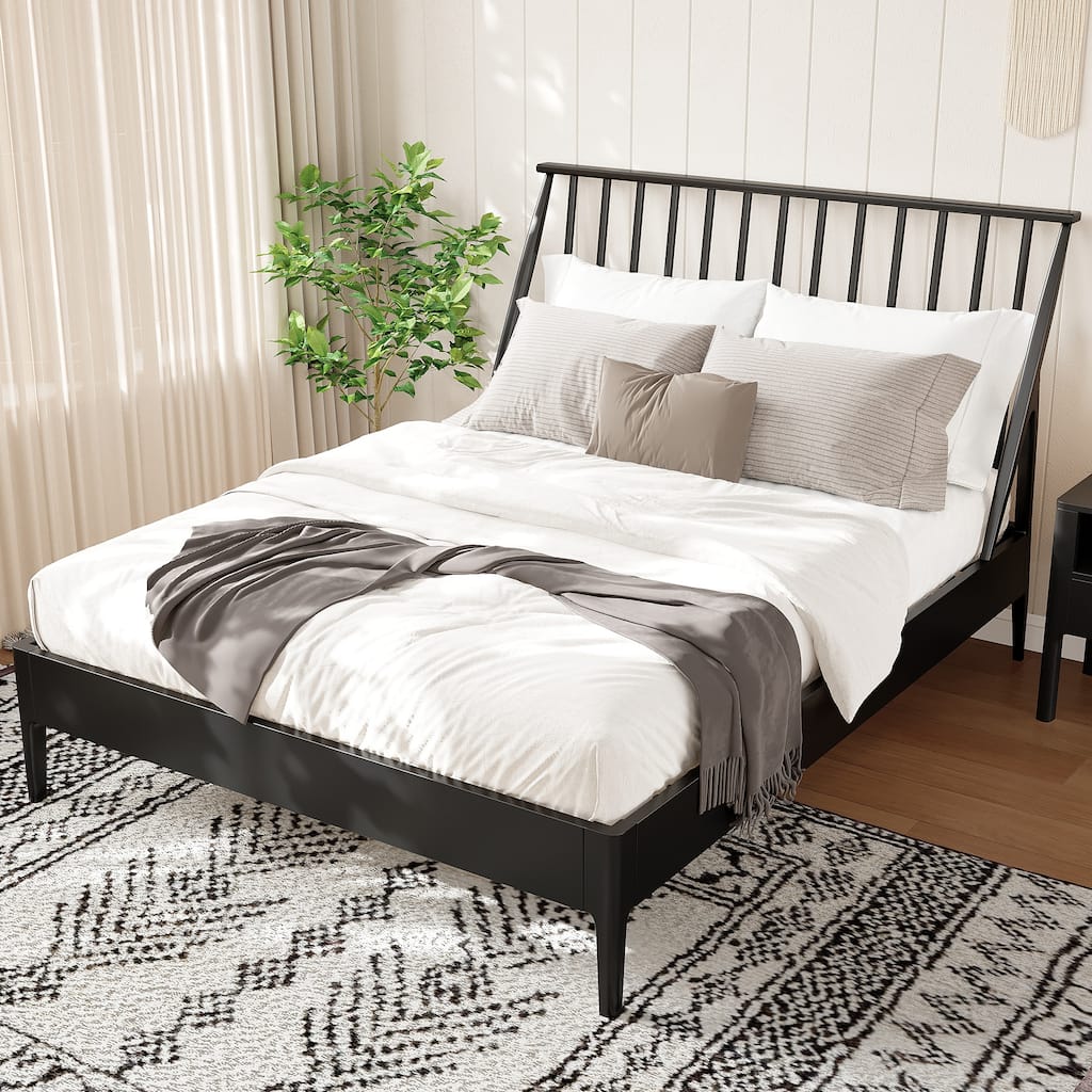 Solid Bamboo Platform Bed Bohemian Bed Frame with 46.5" Tall Spindle Headboard/Wooden Slats & Metal Support/No Box Spring Needed