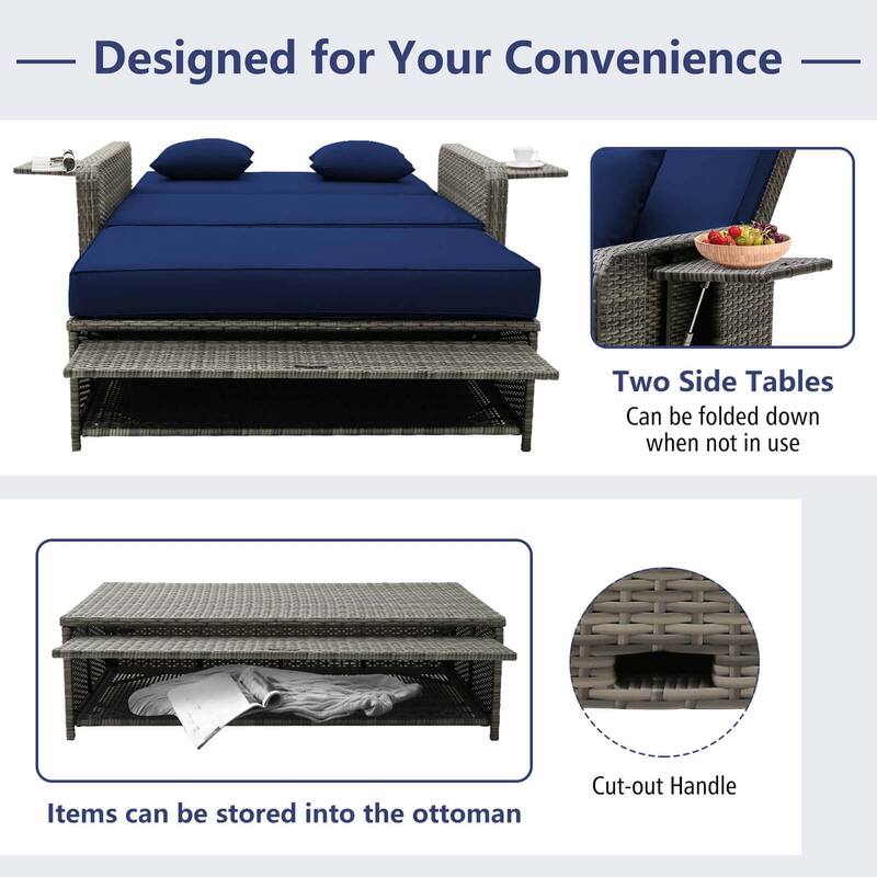 Gymax Rattan Daybed Wicker Loveseat Sofa Set w/ Ottoman & Retractable