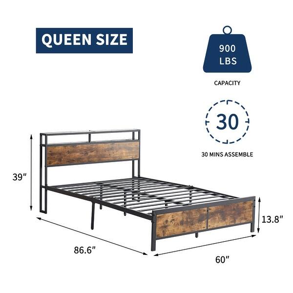 Queen Size Metal Industrial Bed Frame with LED & USB Ports
