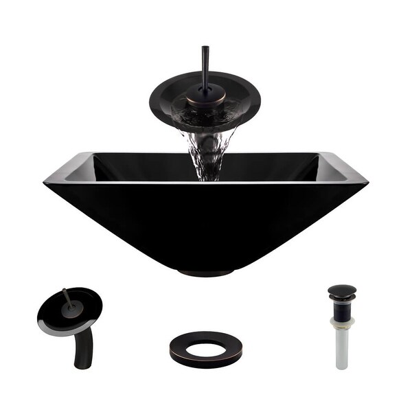 Rene R5-5003-NOR-WF 16-1/2" Glass Vessel Bathroom Sink with Waterfall Faucet, Sink Ring, and Vessel Pop-Up Drain