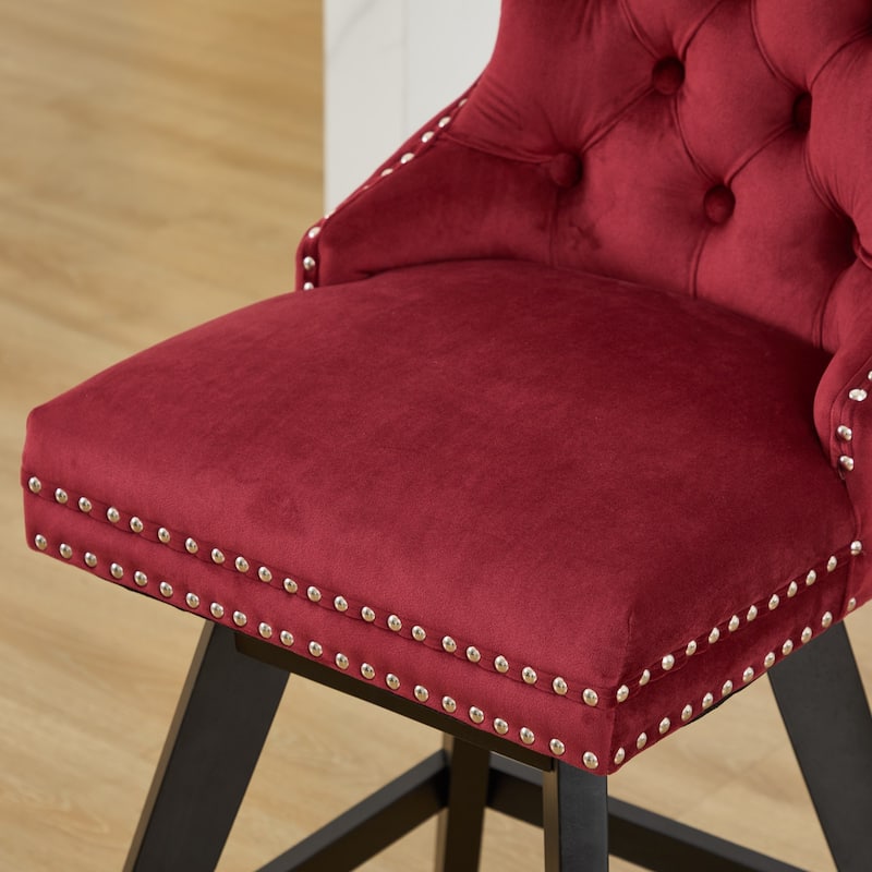Set of 2,Swivel Velvet Barstools with Button Tufted Decoration and Wooden Legs