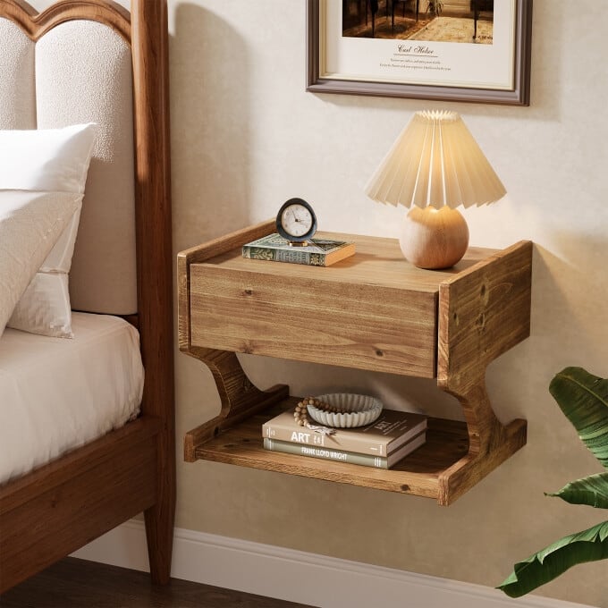 Solid Wood Floating Nightstand, Wall-Mounted Bedside Table with Drawer