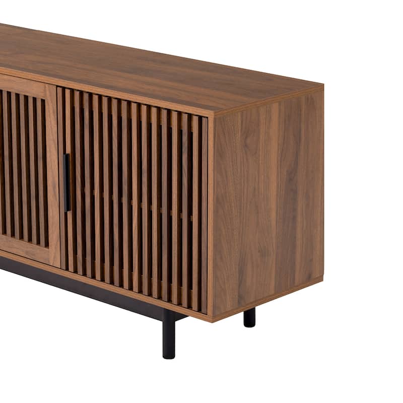 Slatted Door Design TV Cabinet TV Stand for TVs up to 85", Solid Wood Legs, Walnut