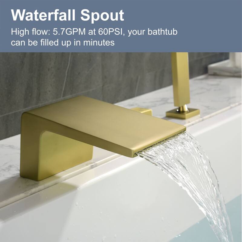 Waterfall Tub Faucet With Hand Shower Deck Mount Tub Filler With Sprayer Modern Bathtub Faucets Set With Diverter And Valve