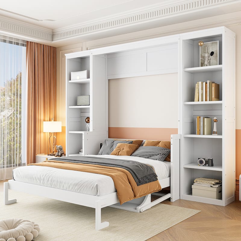 Full Size Solid Wood Murphy Bed with Convertible Desk, Bookshelves and 600lb Capacity