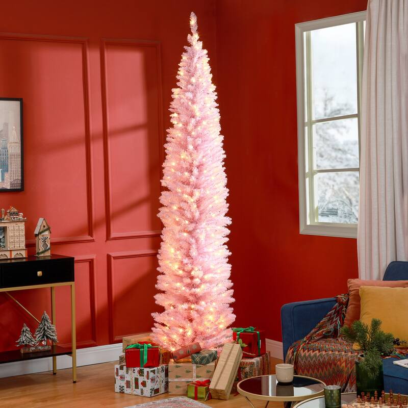 8ft Tall Pre-Lit Slim Christmas Tree with 618 Tips and Warm White LEDs - Pink