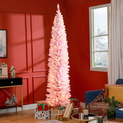 8ft Tall Pre-Lit Slim Christmas Tree with 618 Tips and Warm White LEDs