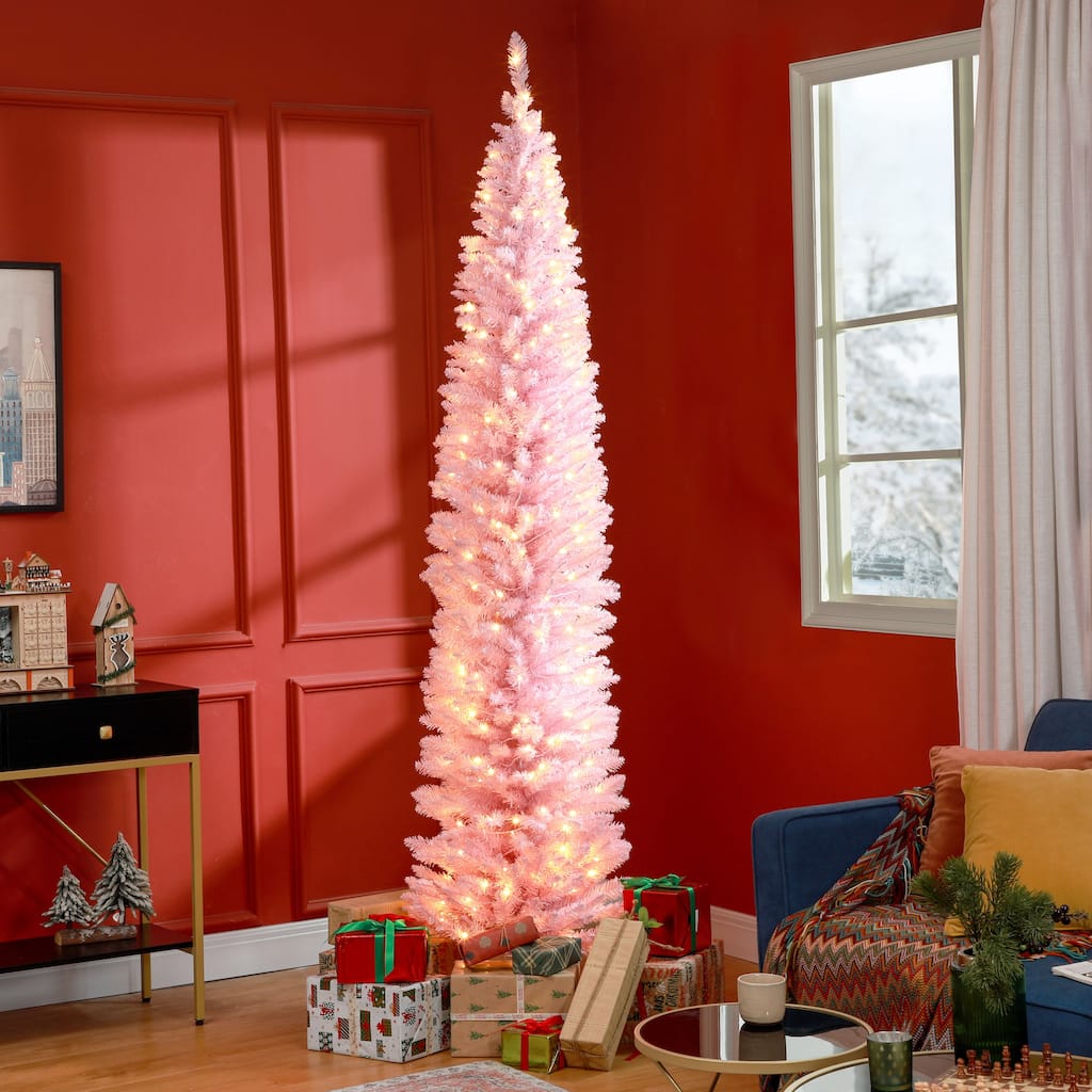 8ft Tall Pre-Lit Slim Christmas Tree with 618 Tips and Warm White LEDs