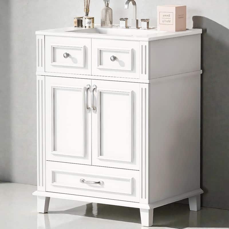 24" Solid Wood Frame Bathroom Vanity with Ceramic Sink and Soft-Close Doors - White